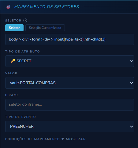 Mapeamento de uma etapa Preencher usando uma credencial do Cofre