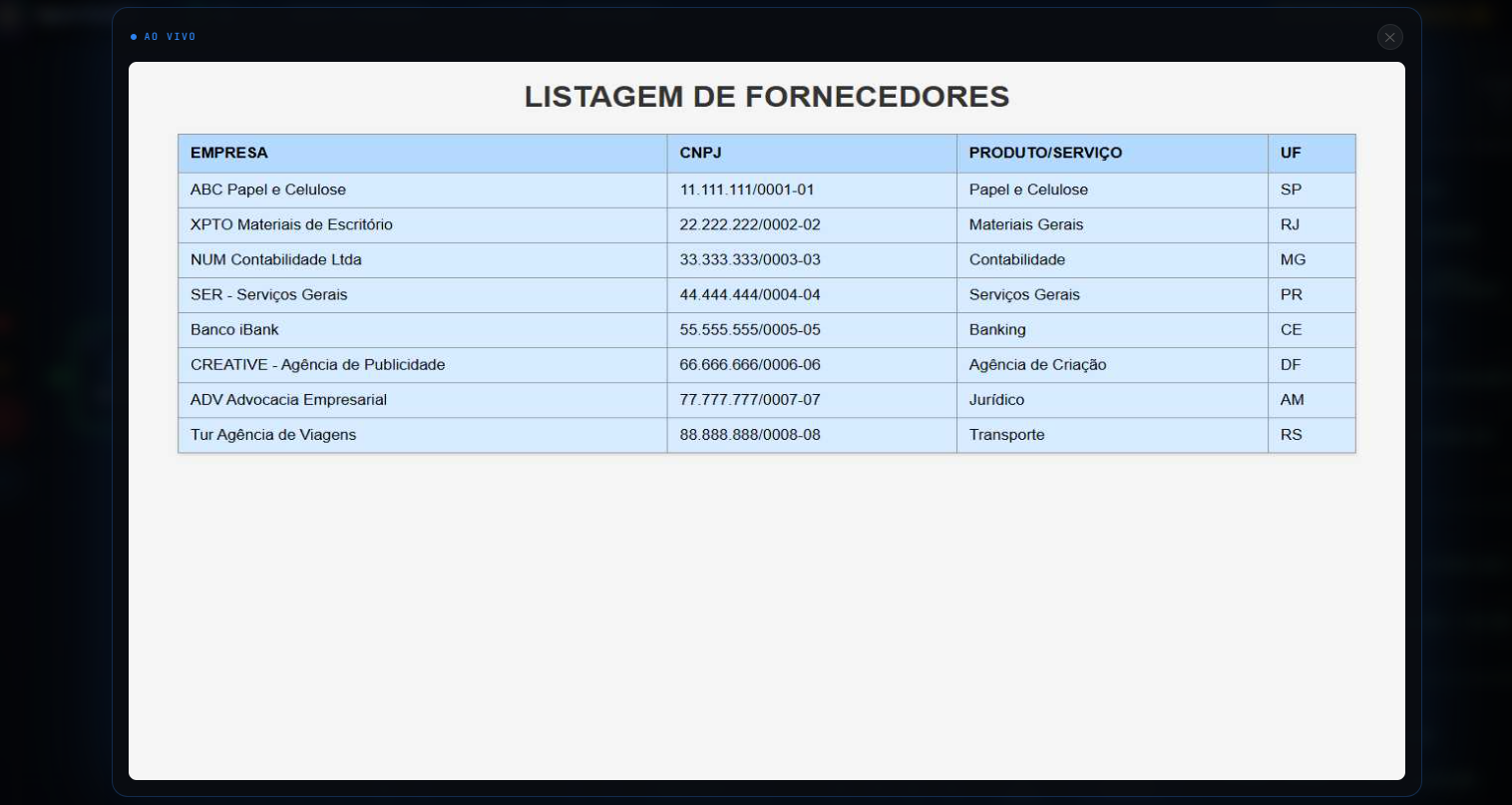 Modal Assistir ao vivo mostrando a página sendo automatizada em tempo real