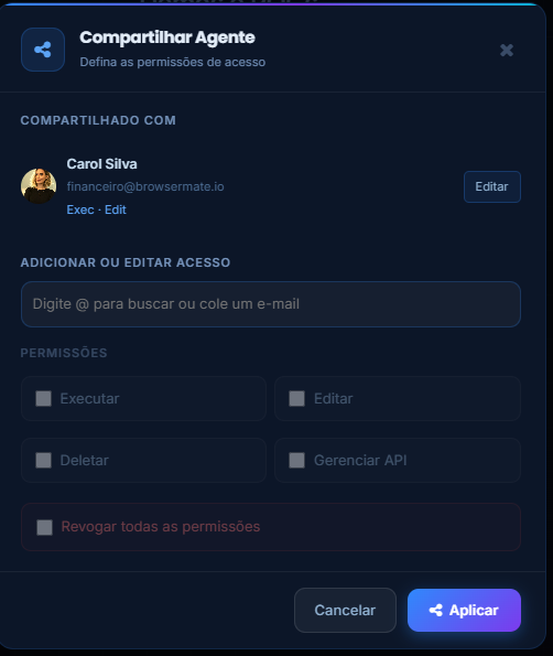 Modal de compartilhamento do agente.