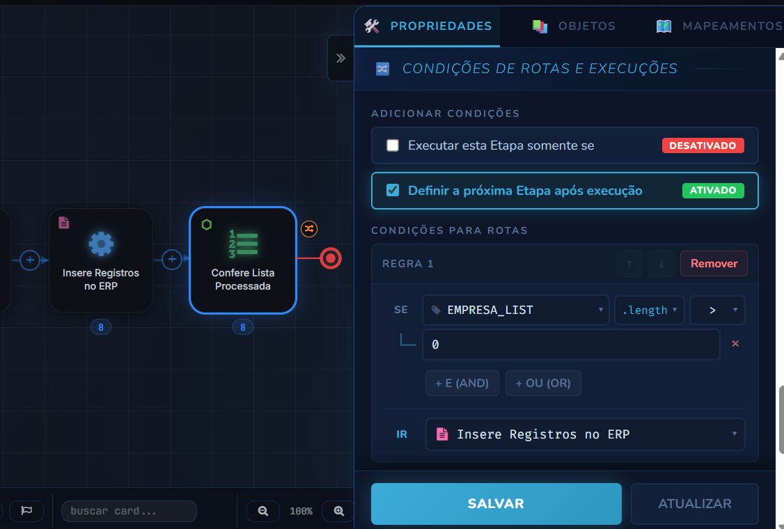 Painel Condições de Rotas e Execuções configurado na etapa Confere Lista Processada
