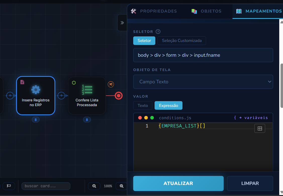Mapeamento da etapa Insere Registros no ERP referenciando a lista