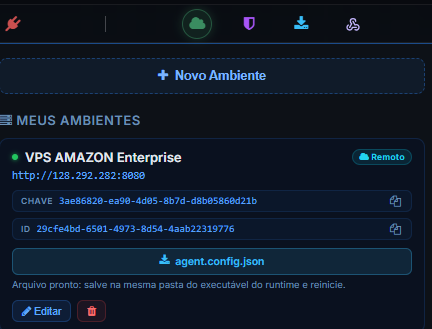Painel Ambientes com o cadastro de um ambiente e o botão agent.config.json