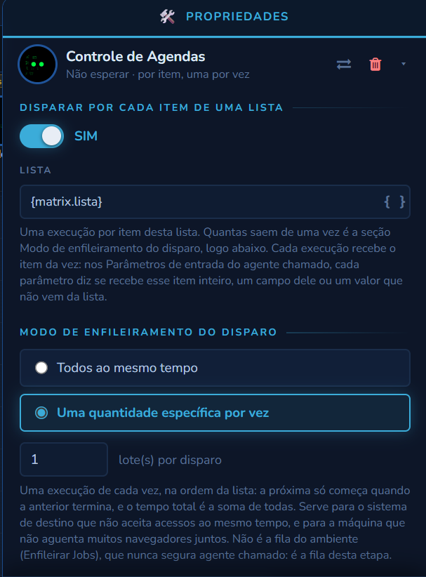 Painel de uma etapa com Disparar por cada item de uma lista ligado, o campo Lista com a variável do pai e, abaixo, a seção Modo de enfileiramento do disparo