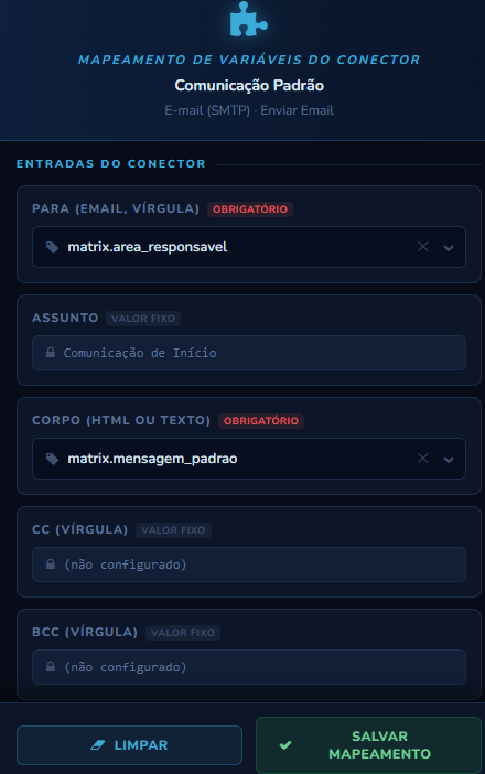 Mapeamento de variáveis do conector em uma etapa Conectar Serviços