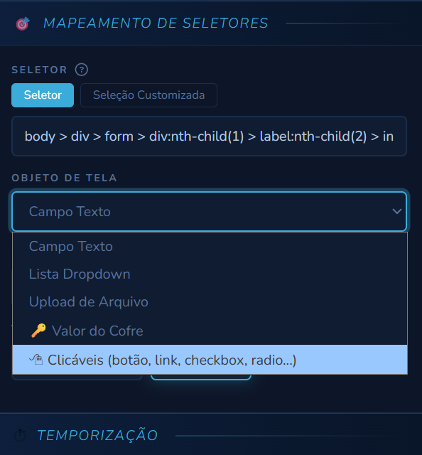 Mapeamento de Seletores de uma etapa Preencher