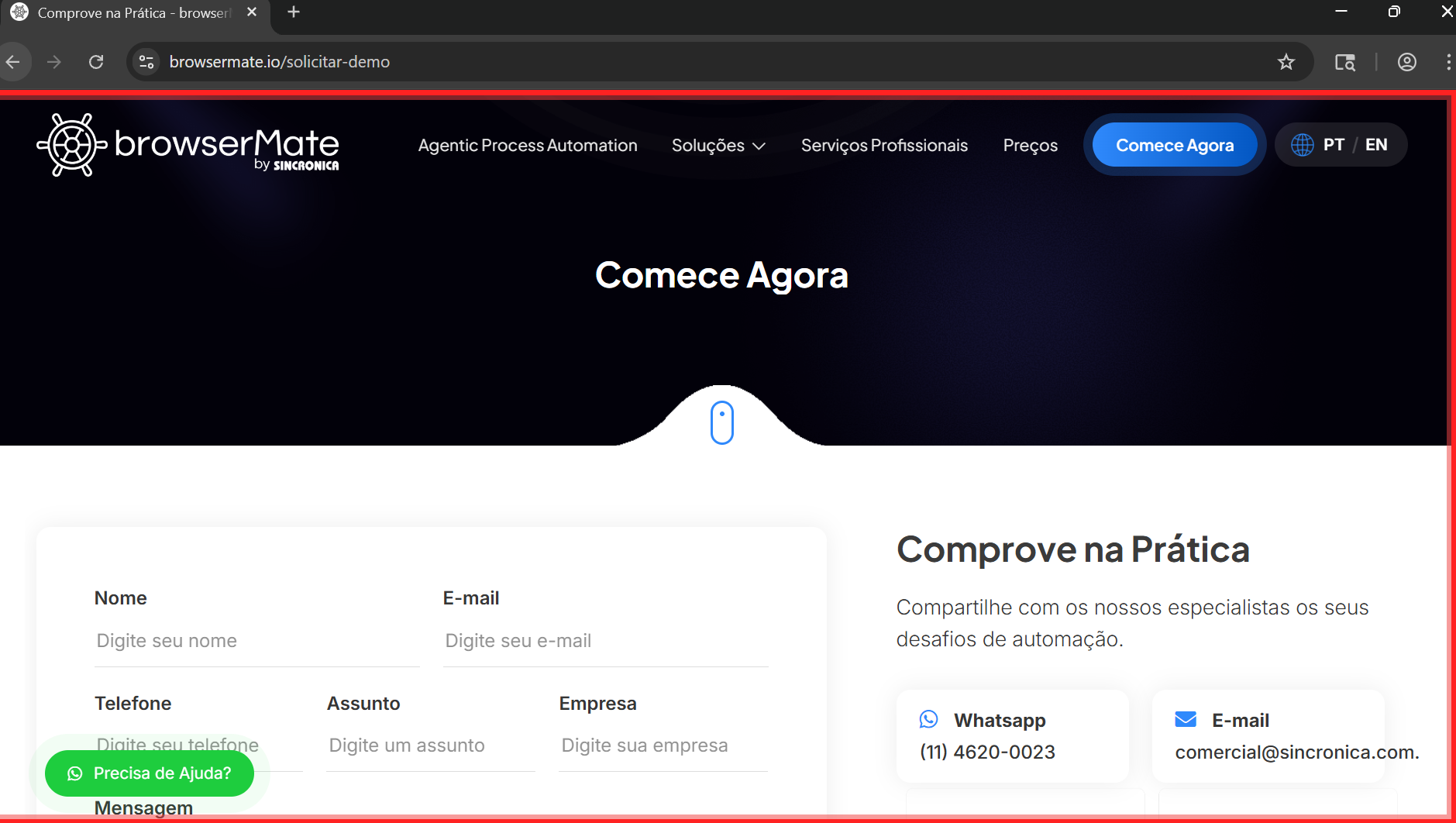 Navegador aberto pelo gravador com moldura vermelha