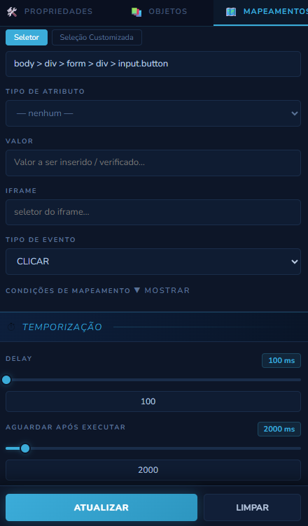 Seção Temporização de um mapeamento, com os campos Delay e Aguardar Após Executar